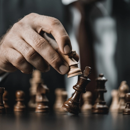 A person playing chess knocking over a King piece with a Knight